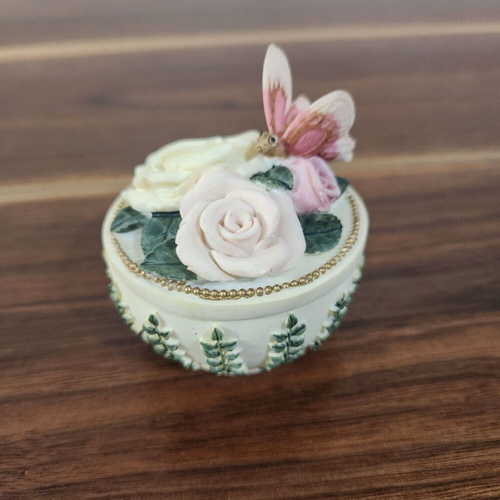 Vintage Flower Butterfly 3D Embossed Resin Jewelry Trinket Box Victorian Girly